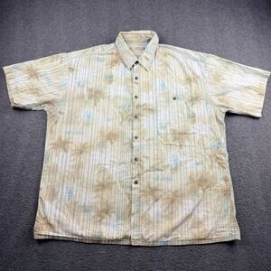 Moda Campia Moda Men's XL Short Sleeve Button Up Shirt Tan Blue Palm Tree Stripe